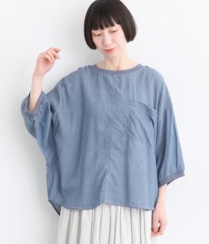 コットンシアーデニム ドルマンリブ6分袖プルオーバー