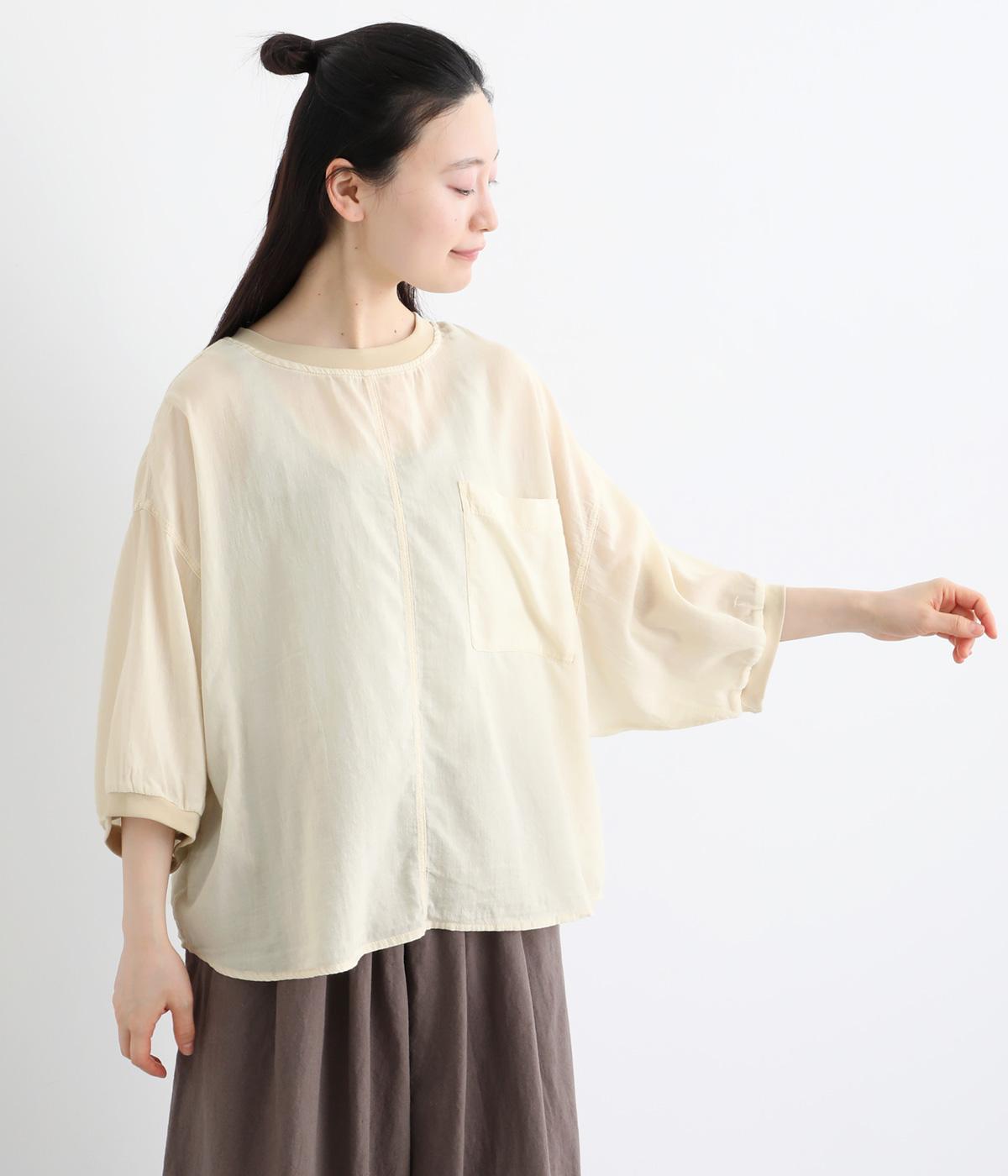 コットンシアーデニム ドルマンリブ6分袖プルオーバー(アイボリー-F)