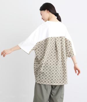 ドライタッチ天竺 異素材切替えワイドTEE6分袖(オフホワイト-F)