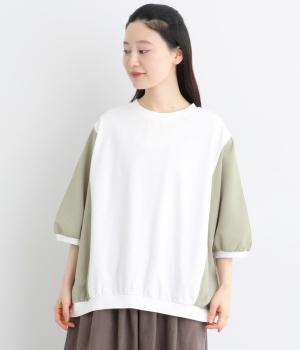 ドライタッチ天竺 異素材切替えドルマンプルオーバー8分袖(オフホワイト-F)