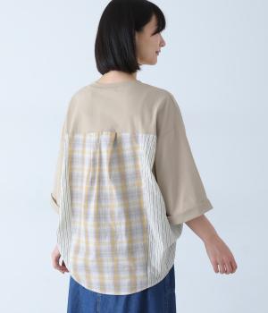 ショウモウ天竺×先染めストライプ ・チェック ドルマンプルオーバー(ベージュ-F)
