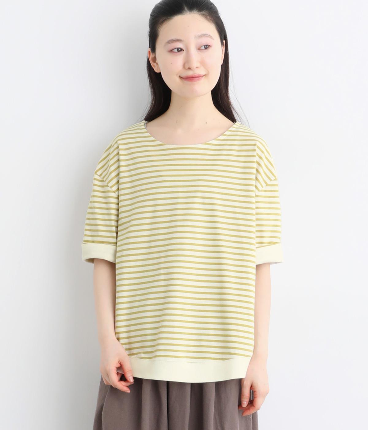 16天竺後ろ切替まるっとプルオーバー5分袖(オフ×モーヴイエロー-F)