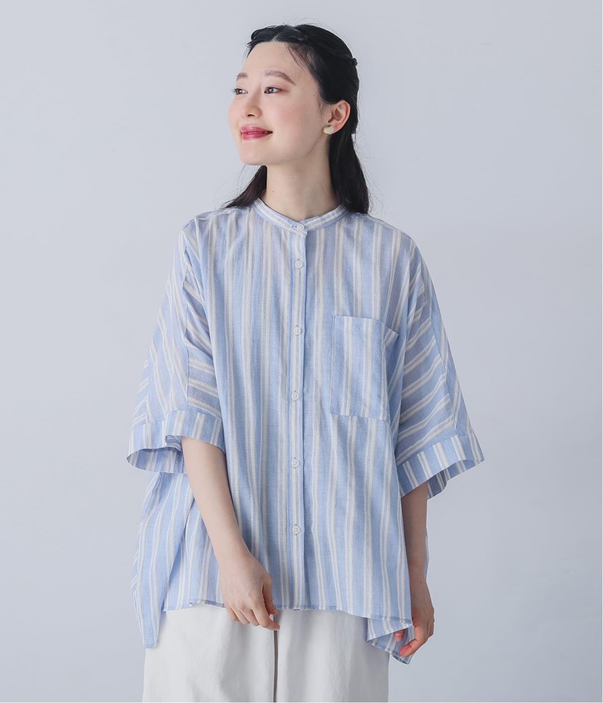 ラティスボイル バンドカラードルマン5分袖シャツ(ブルーストライプ-F)