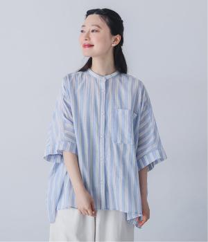 ラティスボイル バンドカラードルマン5分袖シャツ(ブルーストライプ-F)