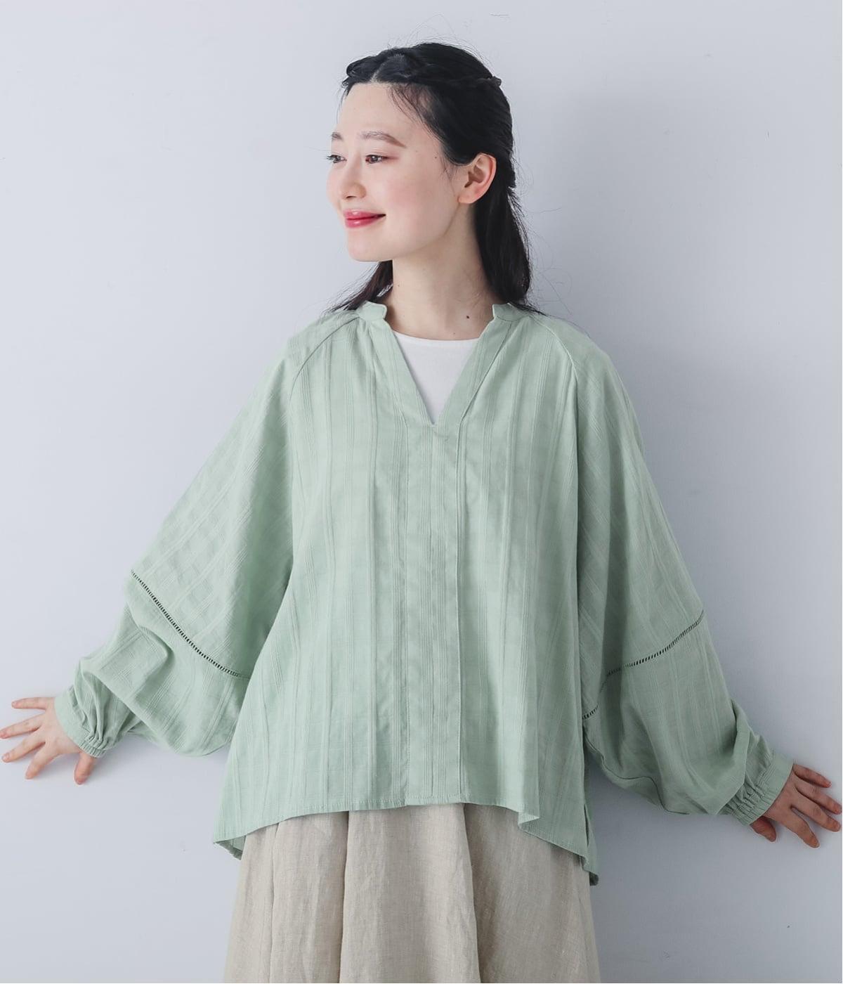 チェックジャカード ラグランコクーン袖ブラウス(グリーン-F)