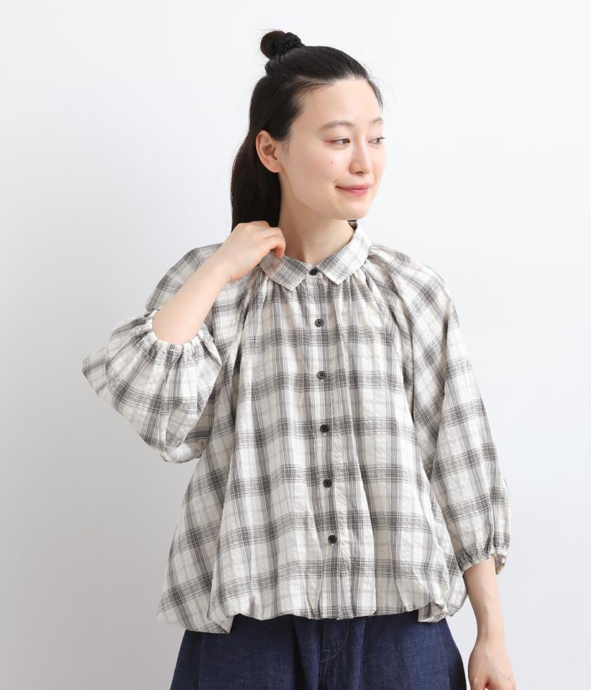 コットンバブルヘム6分袖ブラウス