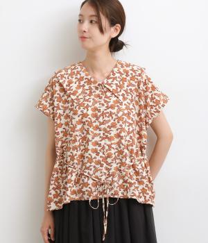 レトロフラワープリントビックカラーフレンチスリーブブラウス