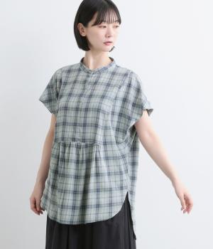 コットンローン　ヨーク切替え肩タックブラウス(ネイビーチェック-F)