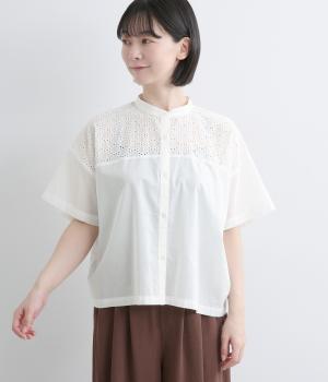 刺繍レース×コットンローン　切替えワイドシャツ(オフホワイト-F)