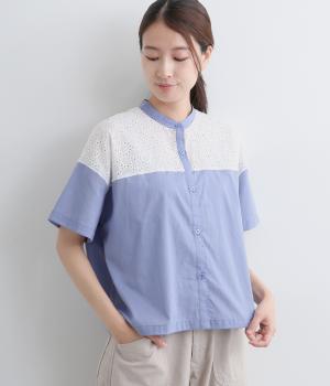 刺繍レース×コットンローン　切替えワイドシャツ(ブルー-F)