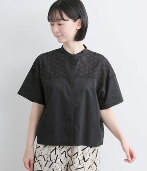 刺繍レース×コットンローン　切替えワイドシャツ(クロ-F)
