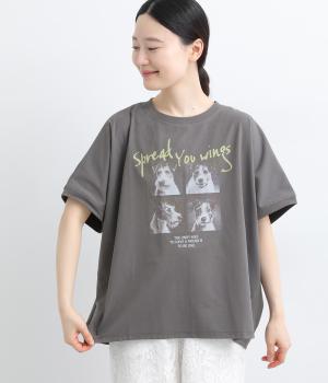 接触冷感　dogグラフィックゆるドルマンTEE(チャコール-F)
