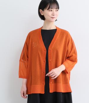 シアーサマーニット　ロゴ刺繍ワイドカーディガン(オレンジ-F)