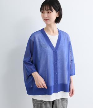 シアーサマーニット　ロゴ刺繍ワイドカーディガン(ブルー-F)