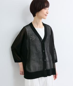 シアーサマーニット　ロゴ刺繍ワイドカーディガン(クロ-F)