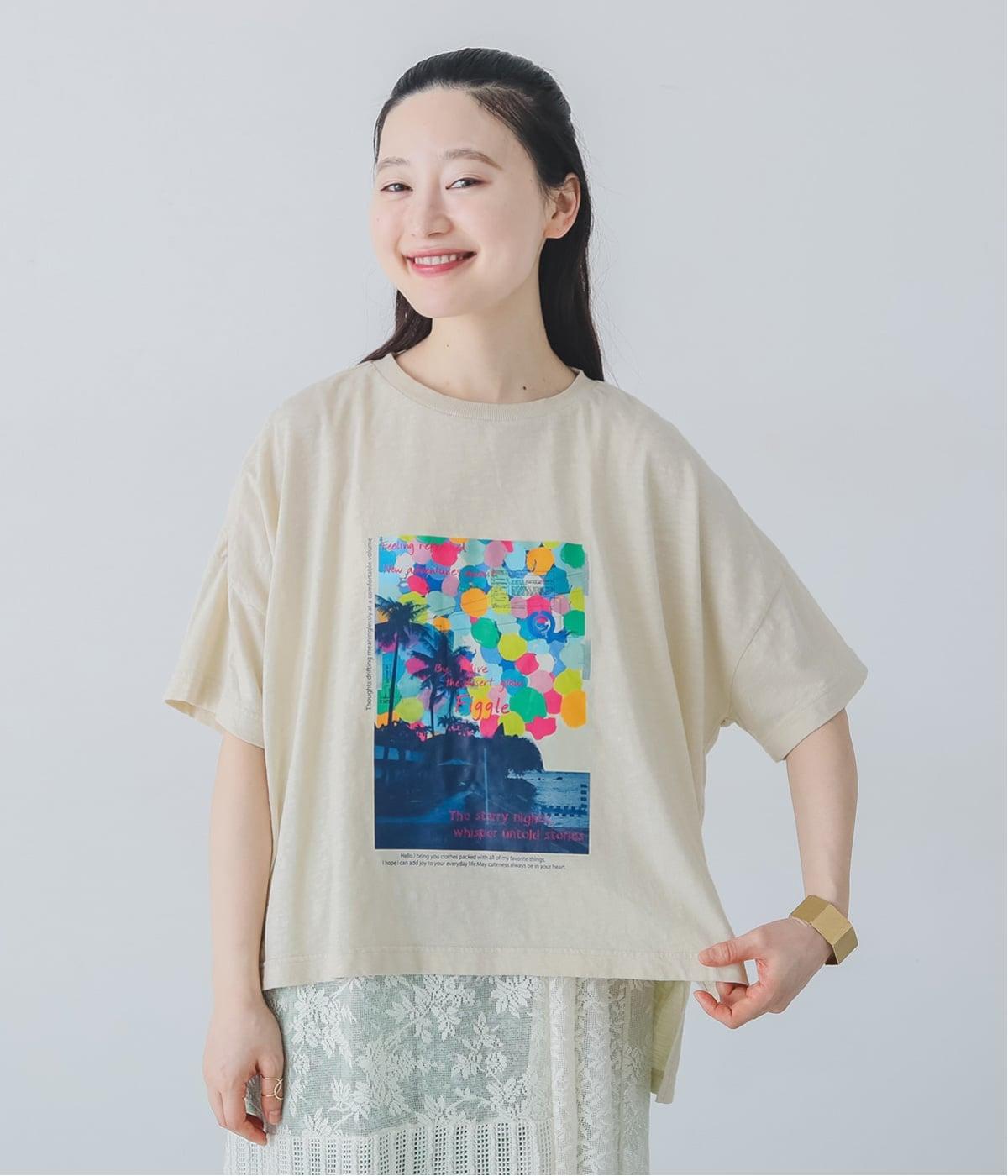 スラブ天竺 カラフルリゾートフォトTシャツ(オフホワイト-F)