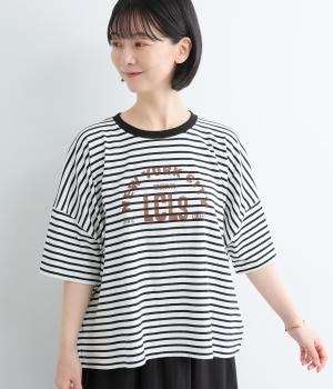 接触冷感ボーダー　ロゴプリントワイドTEE(オフ×クロ-F)