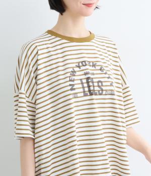 接触冷感ボーダー　ロゴプリントワイドTEE(オフ×マスタード-F)