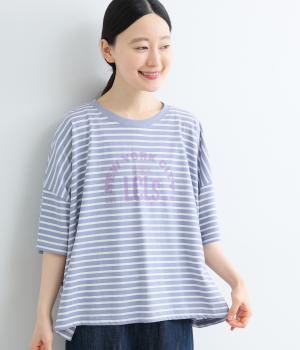 接触冷感ボーダー　ロゴプリントワイドTEE(ブルーグレー×オフ-F)