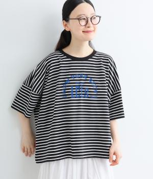 接触冷感ボーダー　ロゴプリントワイドTEE(クロ×オフ-F)