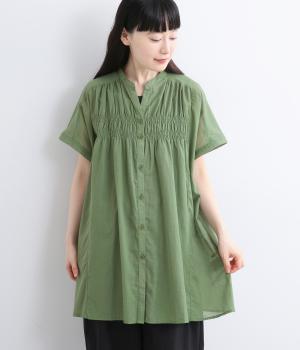 リネンブレンディ　シャーリングスキッパーチュニック(グリーン-F)