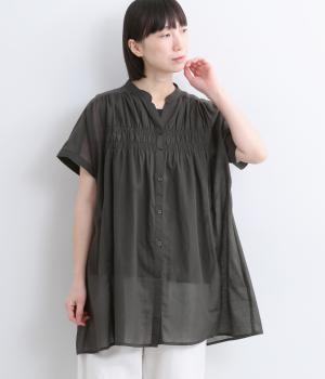 リネンブレンディ　シャーリングスキッパーチュニック(チャコール-F)