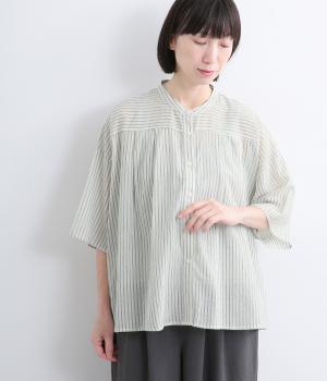 ラスティボイル　タックワイドシャツ(オフグリーンストライプ-F)