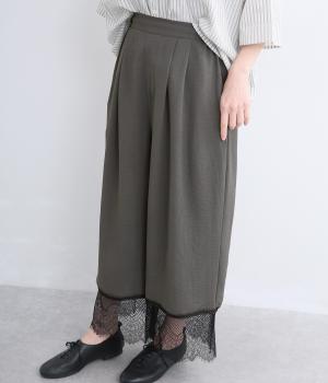 とろみワッシャー　裾レースパンツ(チャコール×クロ-F)