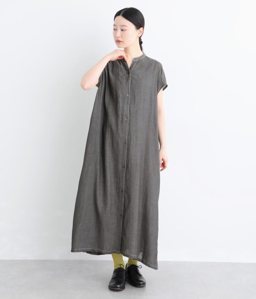 コットンシアーデニム フレンチスリーブスキッパーシャツワンピース