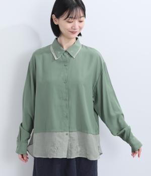 デシン×シアー レイヤード風刺繍シャツ（グリーン・F）