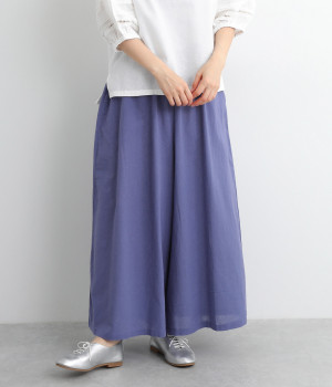 コットンリネンキャンブリックフレアパンツ(ブルー-L)