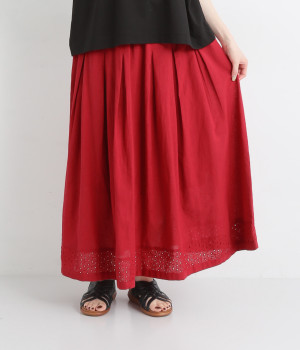 コットンリネンキャンブリック裾レーススカート(レッド-M)