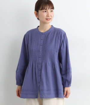 コットンリネンキャンブリックピンタックプルオーバー(ブルー-L)