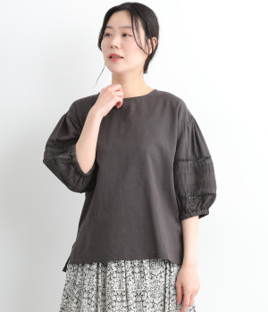 コットンリネンキャンブリックデザイン袖プルオーバー(チャコール-L)