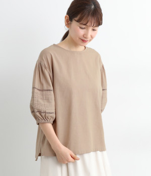 コットンリネンキャンブリックデザイン袖プルオーバー(グレージュ-L)