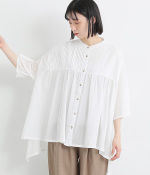 コットンボイルピンタックドレープブラウス(オフホワイト-L)