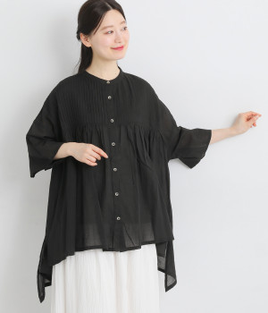 コットンボイルピンタックドレープブラウス(ブラック-L)