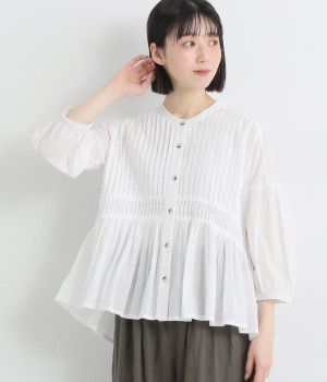 コットンボイル変形ピンタックフレアブラウス(オフホワイト-M)