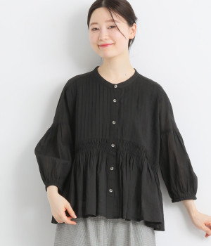 コットンボイル変形ピンタックフレアブラウス(ブラック-L)