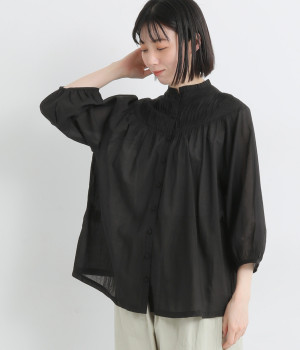 コットンボイルスタンドフリルカラーブラウス
