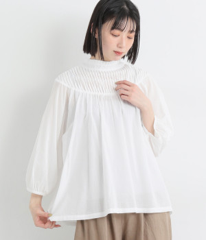コットンボイルスタンドフリルカラーブラウス(オフホワイト-L)