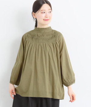 コットンボイルスタンドフリルカラーブラウス(カーキ-L)