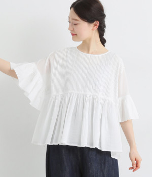 コットンボイルピンタックギャザーブラウス(オフホワイト-L)