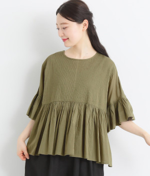 コットンボイルピンタックギャザーブラウス(カーキ-L)
