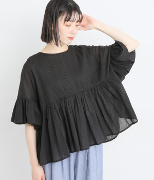 コットンボイルピンタックギャザーブラウス(ブラック-L)