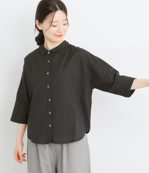 コットンリネンキャンブリックちび襟2wayブラウス(ブラック-L)
