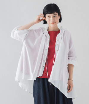 コットンボイルフリルカラーブラウス(オフホワイト-M)