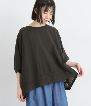 コットンリネンキャンブリックドルマンプルオーバー(ブラック-L)