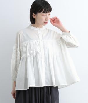 コットンキャンブリック切替ピンタックブラウス(ホワイト-L)