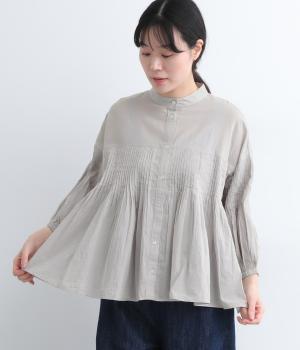 コットンキャンブリック切替ピンタックブラウス(グレー-L)